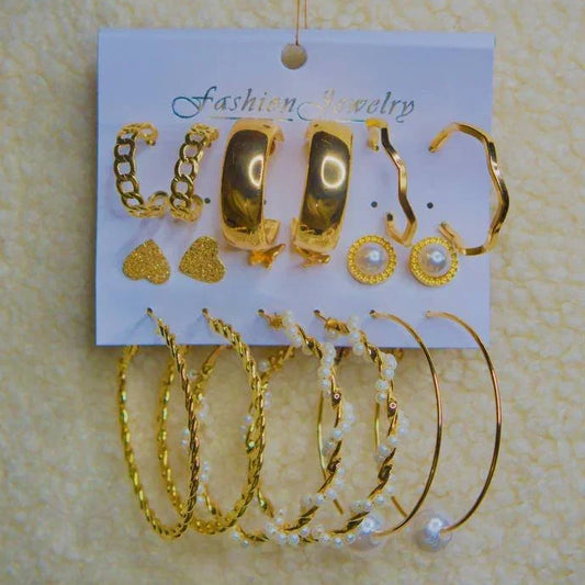 Jimena - Coffret Impérial Doré & Perles – Créoles Élégance (Lot de 9 paires)