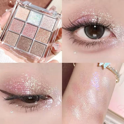 Palette fards à paupières pailletés, swatch et maquillage yeux scintillant rose doré